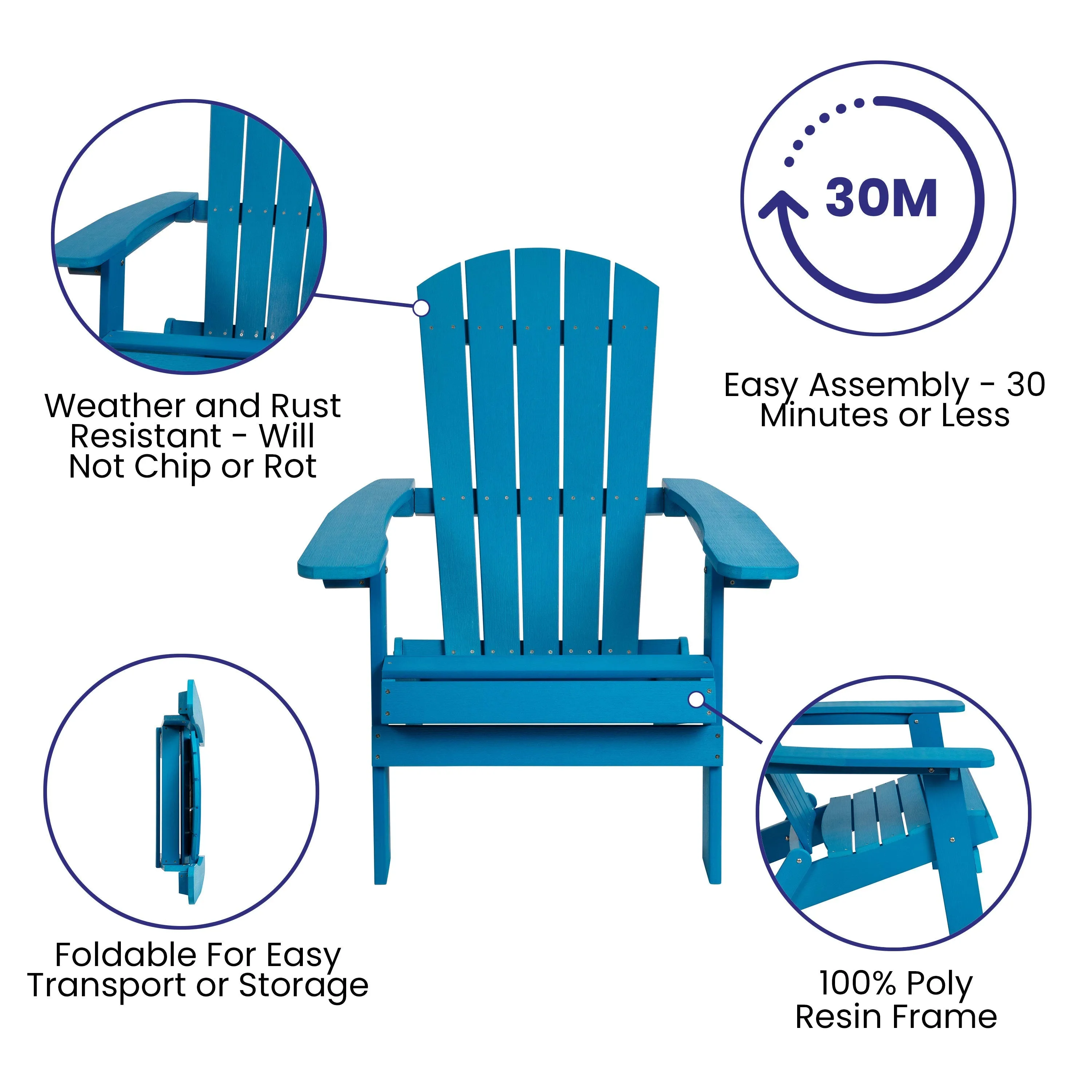 2 Pack Charlestown All-Weather Poly Resin Folding Adirondack Chairs with Side Table