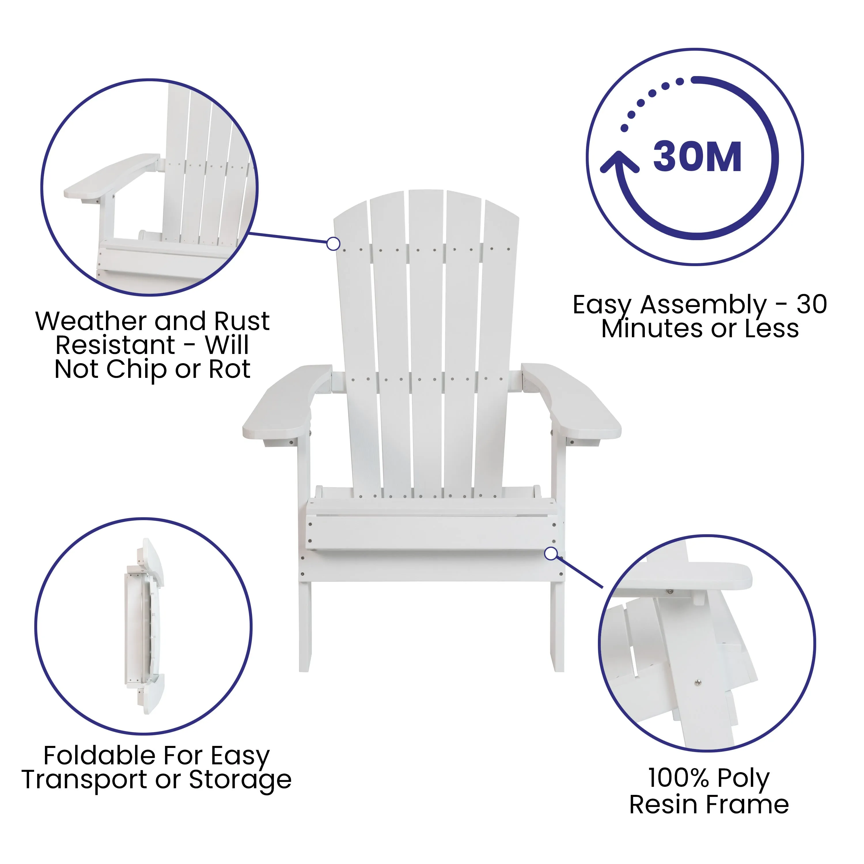 2 Pack Charlestown All-Weather Poly Resin Folding Adirondack Chairs with Side Table