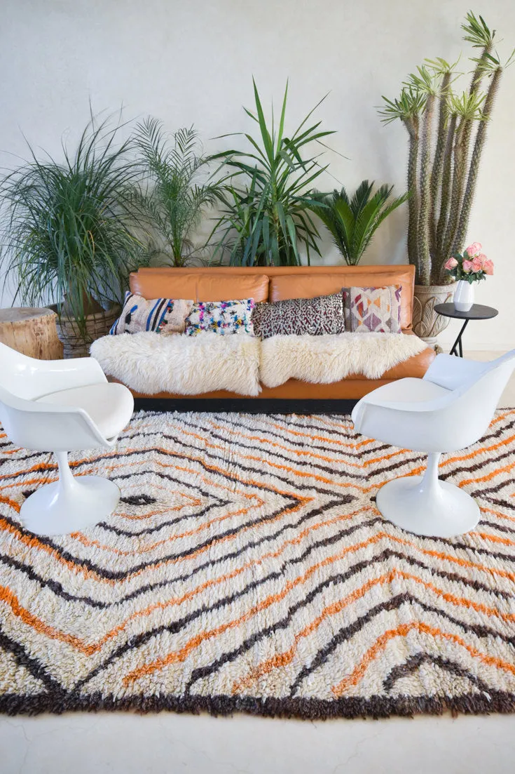 AZILAL. 12'3"x6'2"Vintage Moroccan Rug. Wool Beni Ourain Carpet. Modern Design.
