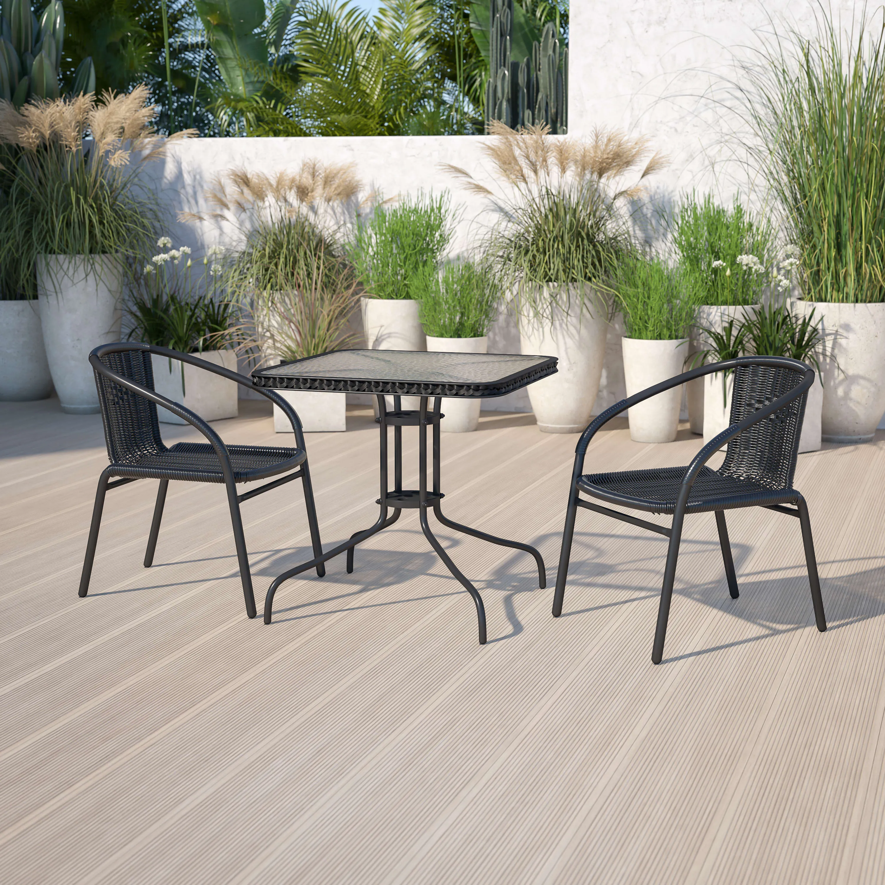 Barker 28'' Square Glass Metal Table with Rattan Edging and 2 Rattan Stack Chairs