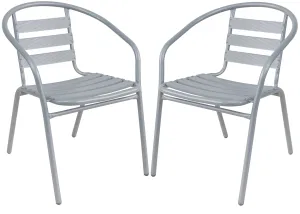BTExpert Indoor Outdoor Set of 2 Silver Gray Restaurant Metal Aluminum Slat Stack Chairs Lightweight