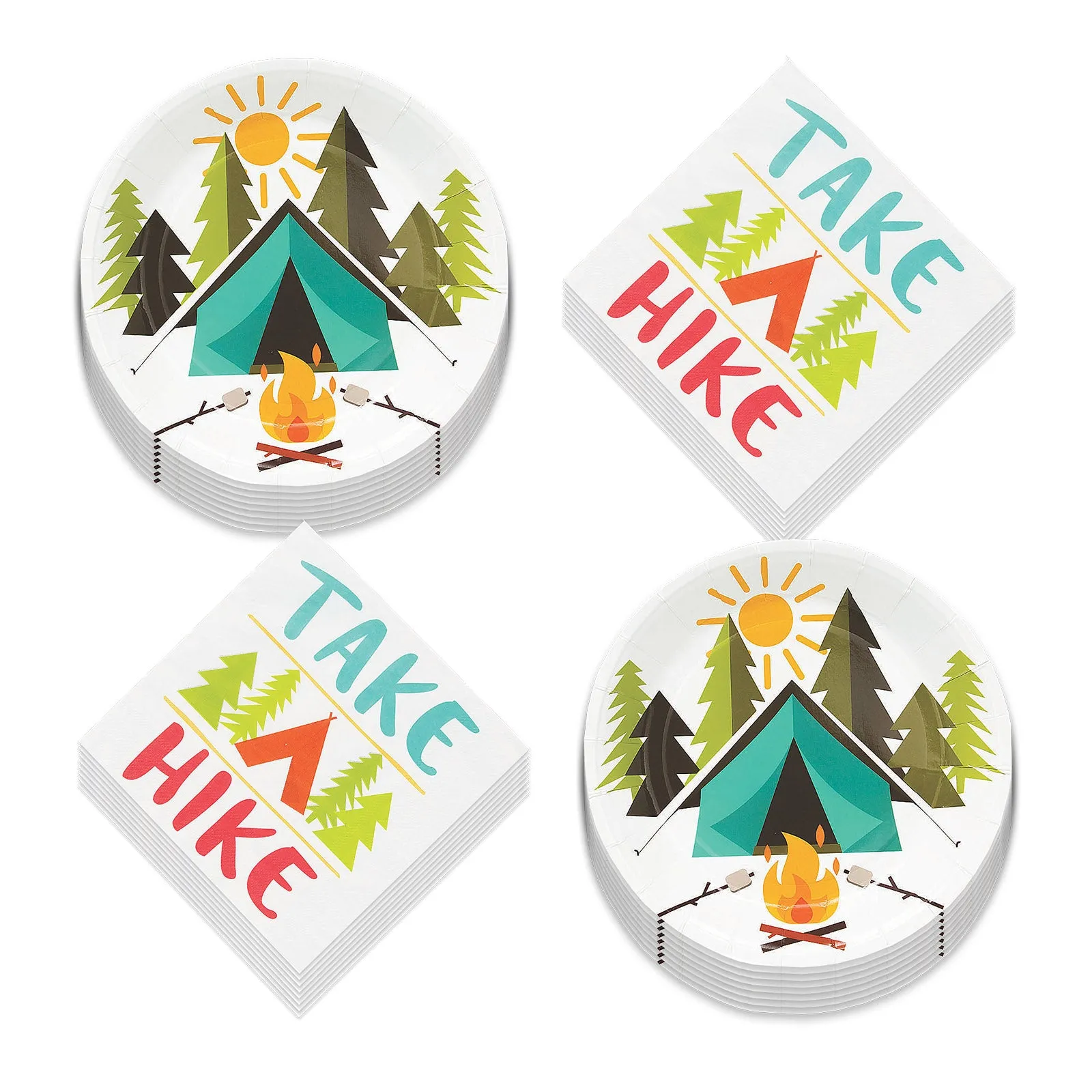 Camping Party Tent Adeventure Paper Dessert Plates and Take a Hike Napkins (Serves 16)