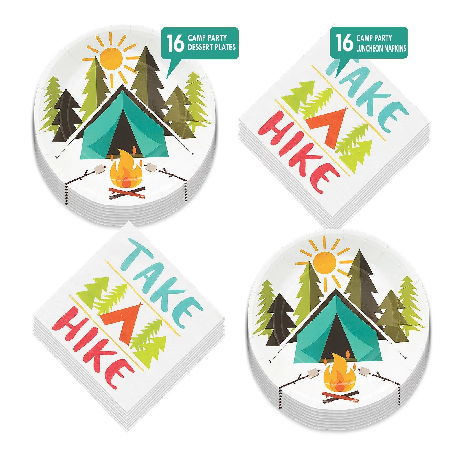 Camping Party Tent Adeventure Paper Dessert Plates and Take a Hike Napkins (Serves 16)