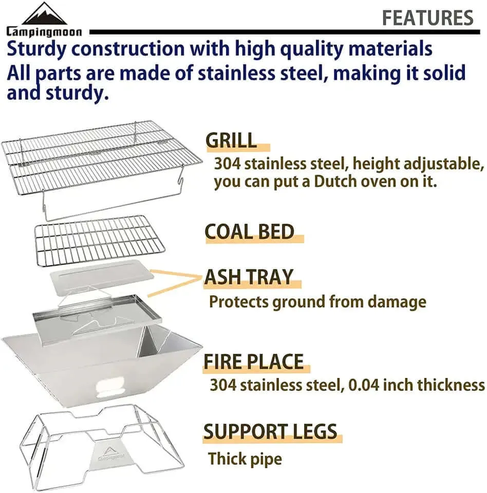 Campingmoon Stainless Steel Foldable Grill 20×13-inch with Carrying Bag MT-3