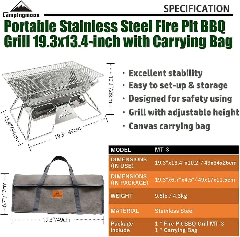 Campingmoon Stainless Steel Foldable Grill 20×13-inch with Carrying Bag MT-3