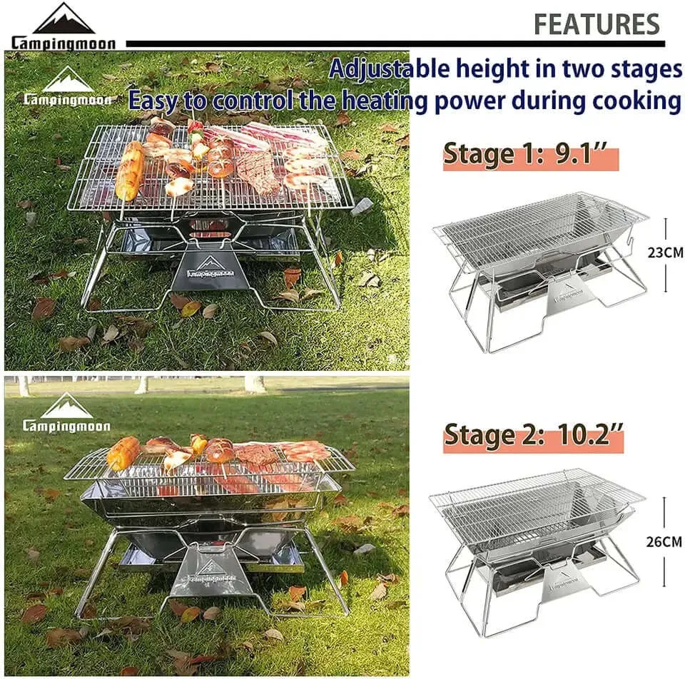 Campingmoon Stainless Steel Foldable Grill 20×13-inch with Carrying Bag MT-3