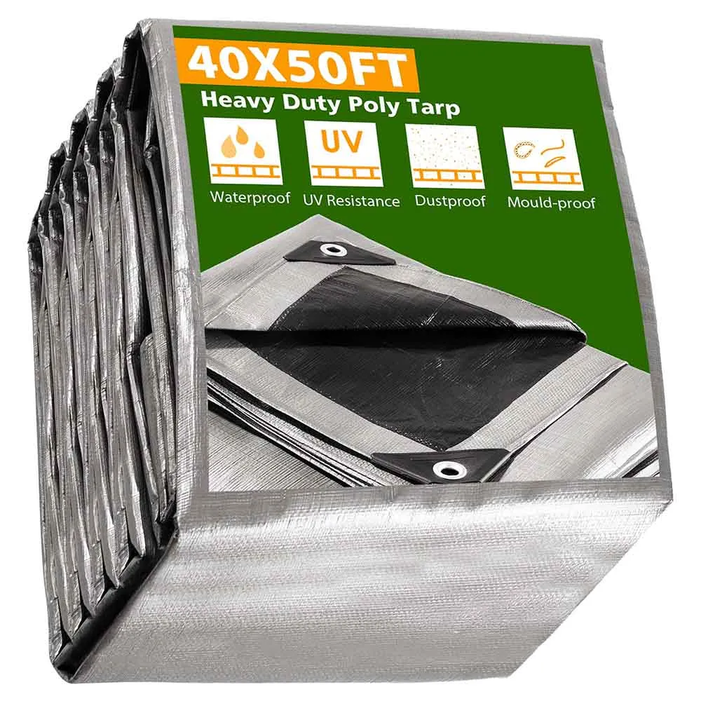 DIY 40x50 ft Heavy-Duty Tarp Shelter Cover Tarpaulin Black/Silver