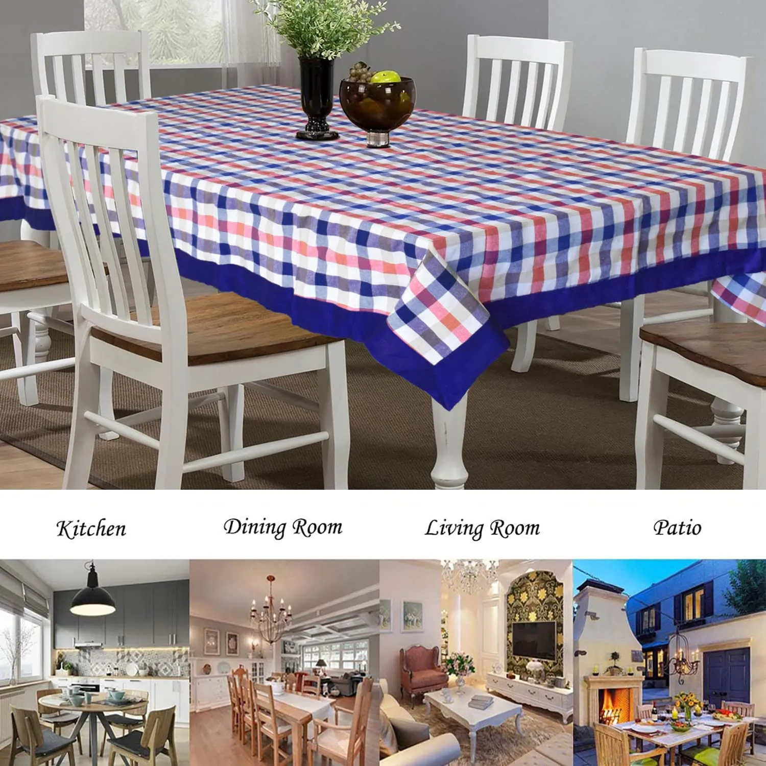 Heart Home Check Print Cotton Dining Table Cover/Table Cloth for Home Decorative Luxurious 6 Seater, 60"x90" (Blue) 54HH4270.