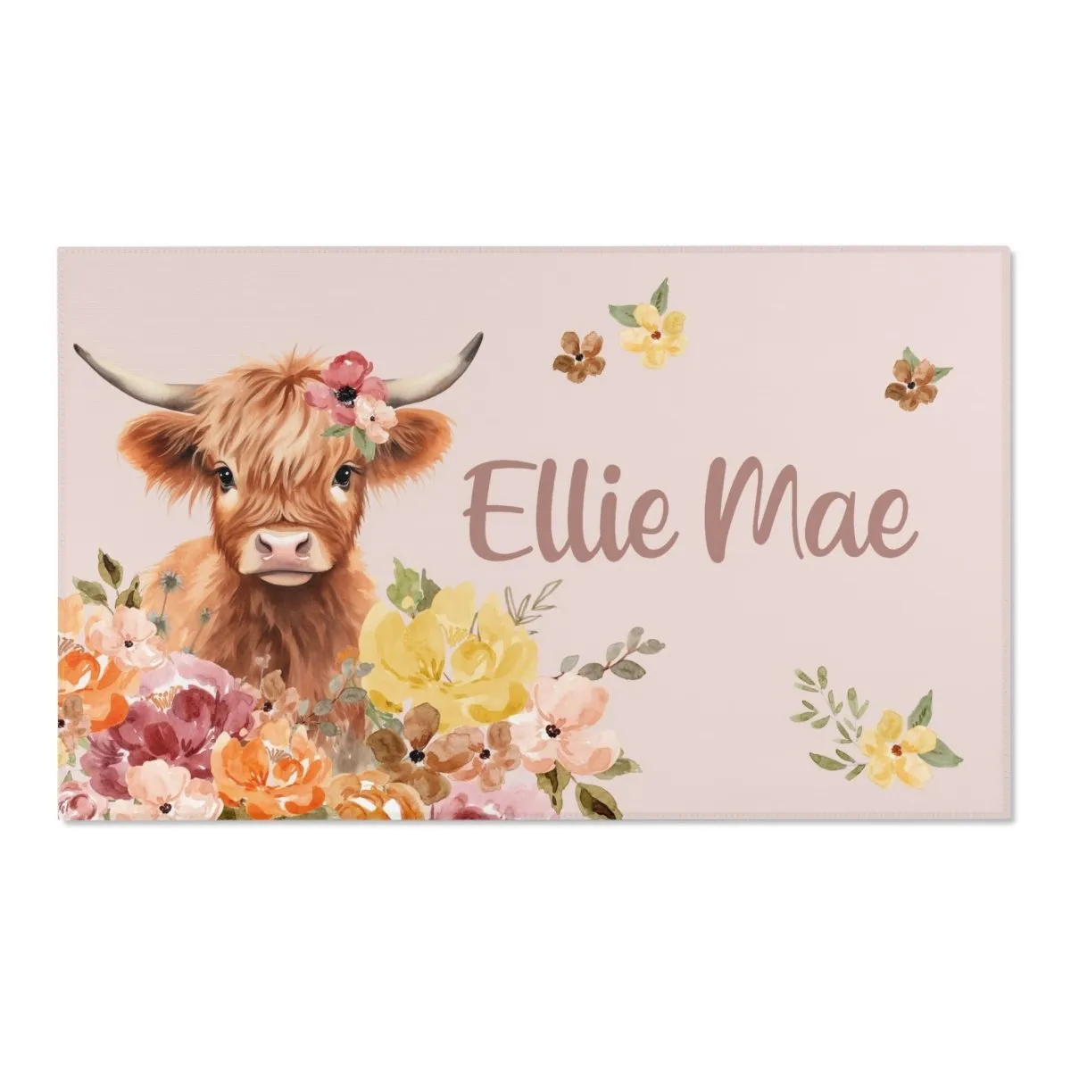 Highland Cow Wildflower Personalized Nursery Rug