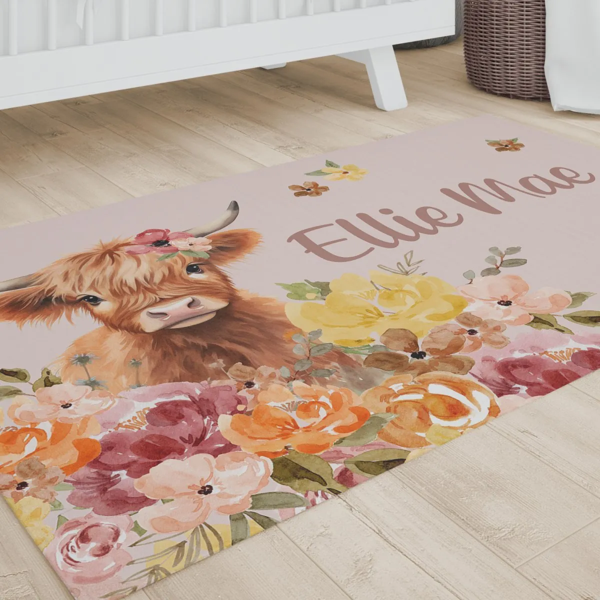 Highland Cow Wildflower Personalized Nursery Rug