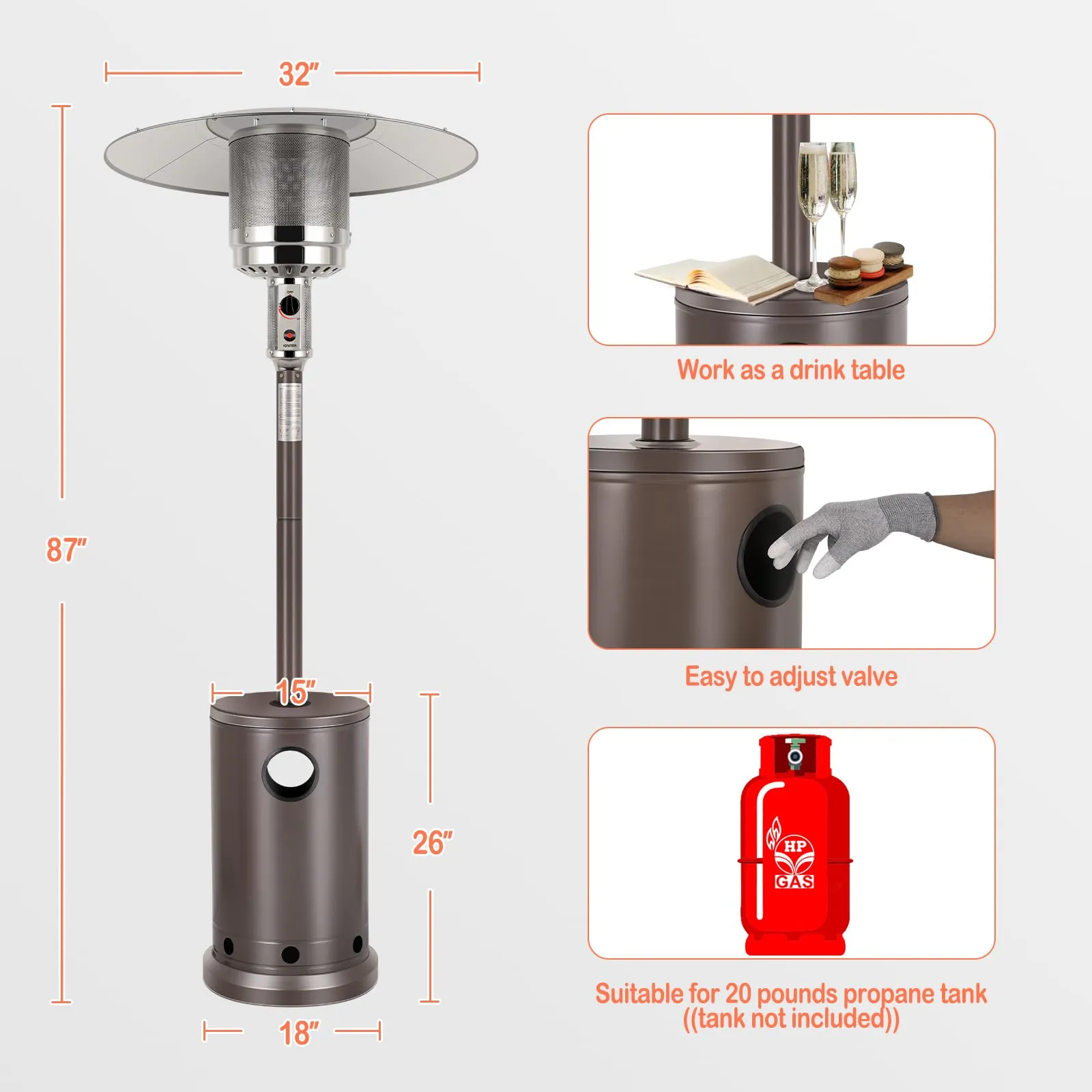 Hykolity 50,000 BTU Propane Patio Heater with Table Design, Stainless Steel Burner, Triple Protection System, Wheels, Outdoor Heaters for Patio, Garden, Commercial and Residential, Bronze