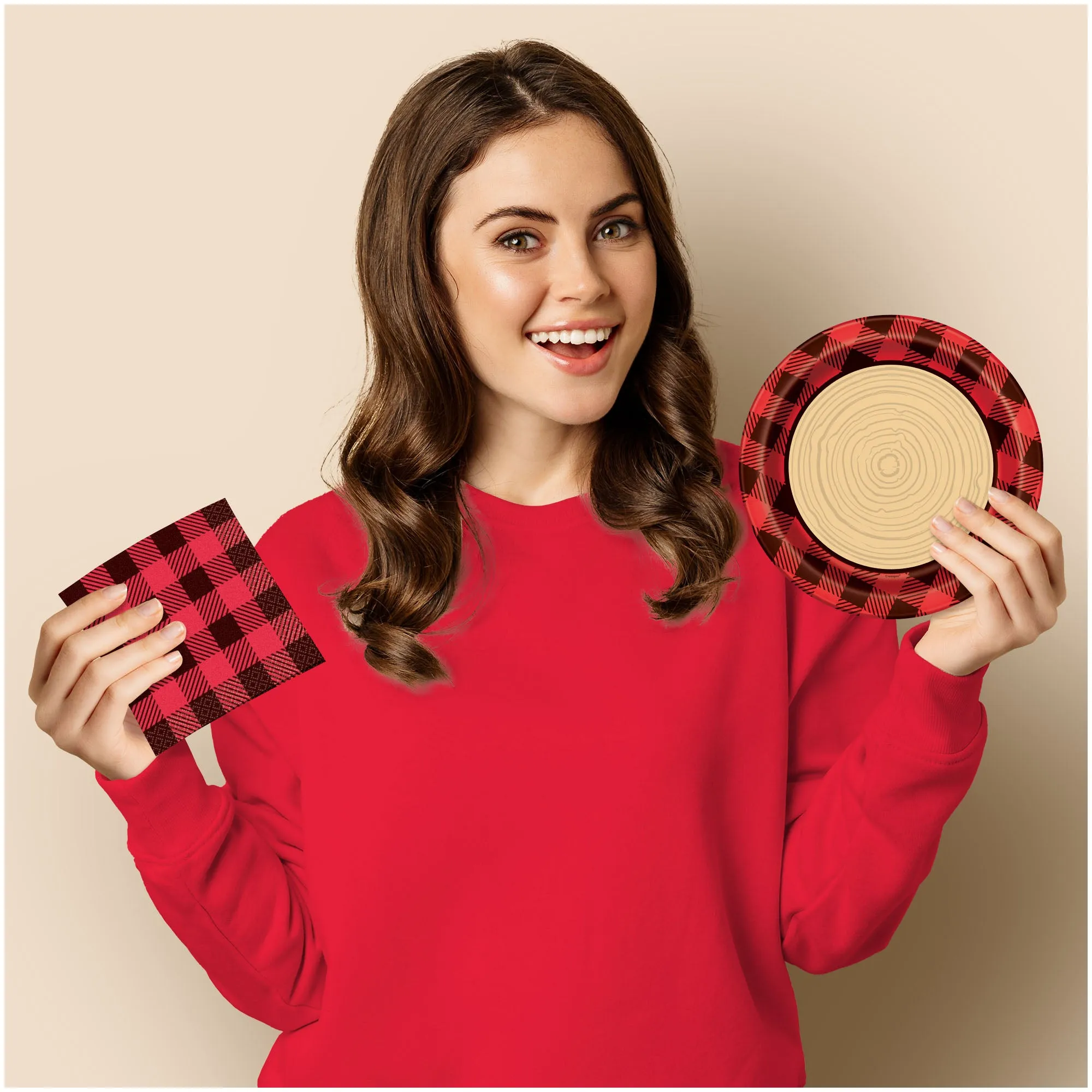 Lumberjack Party Supplies - Red and Black Buffalo Plaid & Wood Slice Paper Dinner Plates and Beverage Napkins (Serves 16)