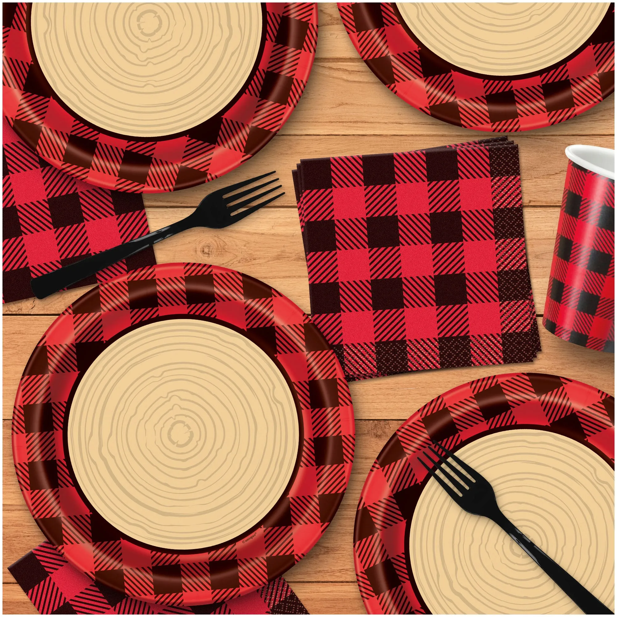 Lumberjack Party Supplies - Red and Black Buffalo Plaid & Wood Slice Paper Dinner Plates and Beverage Napkins (Serves 16)