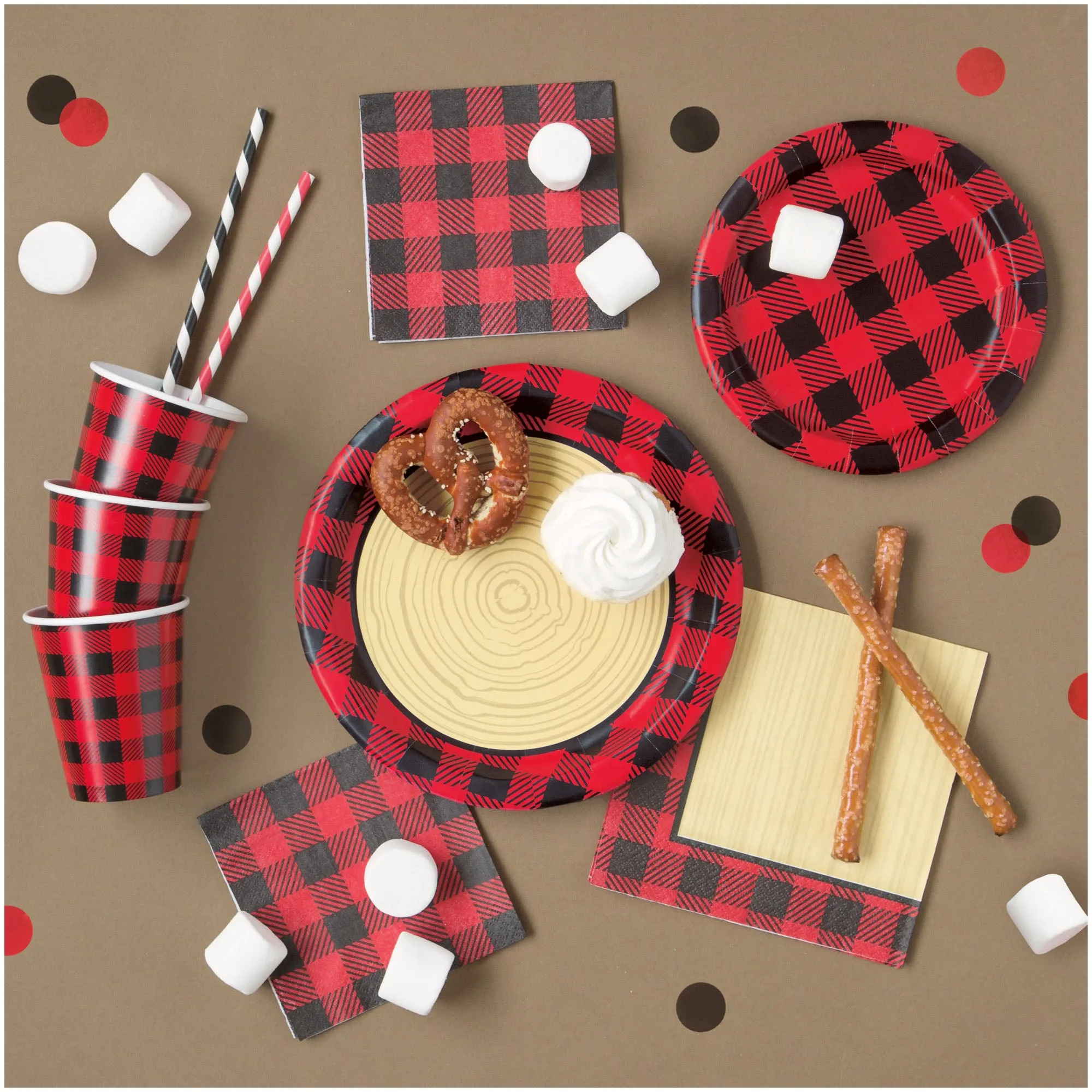 Lumberjack Party Supplies - Red and Black Buffalo Plaid & Wood Slice Paper Dinner Plates and Beverage Napkins (Serves 16)