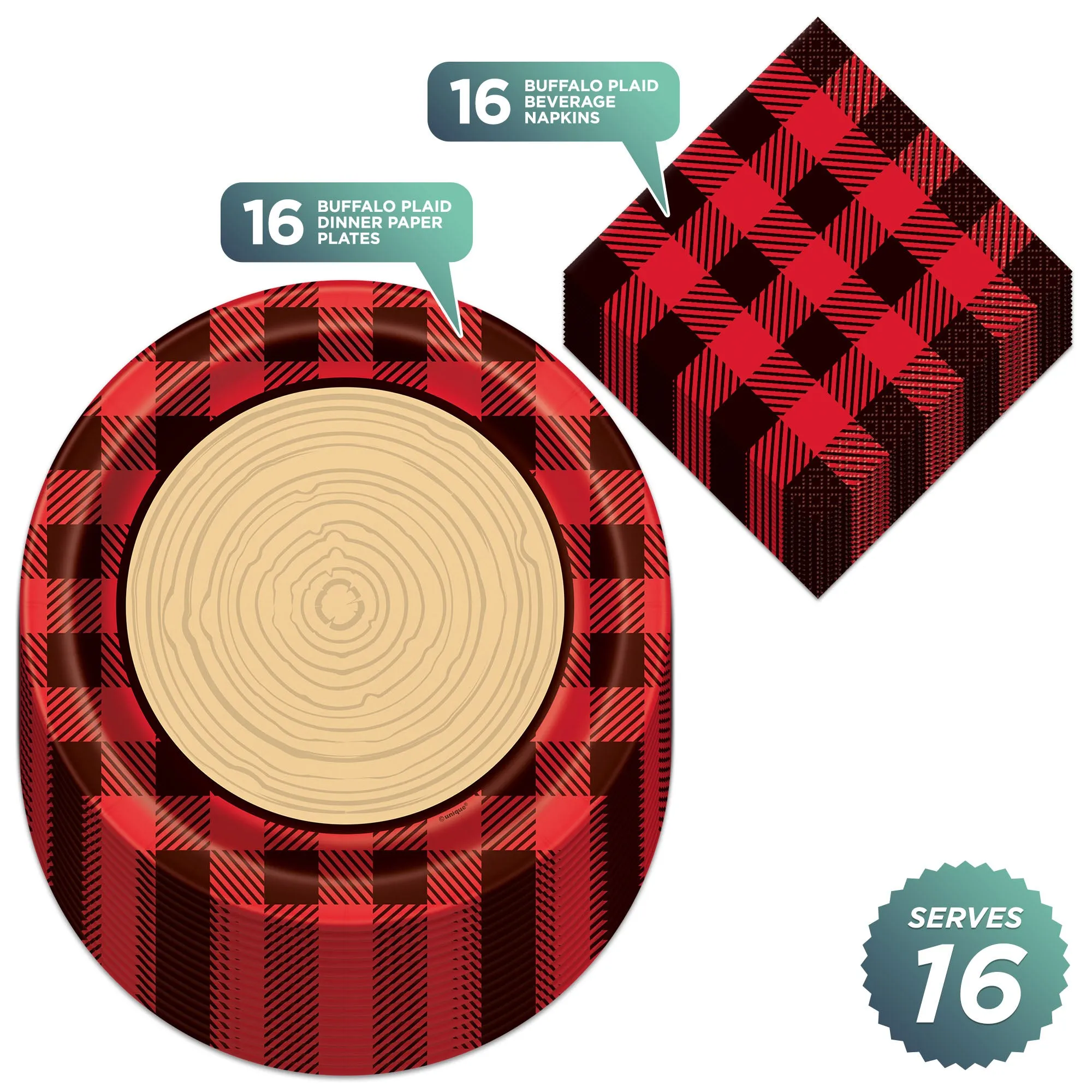 Lumberjack Party Supplies - Red and Black Buffalo Plaid & Wood Slice Paper Dinner Plates and Beverage Napkins (Serves 16)