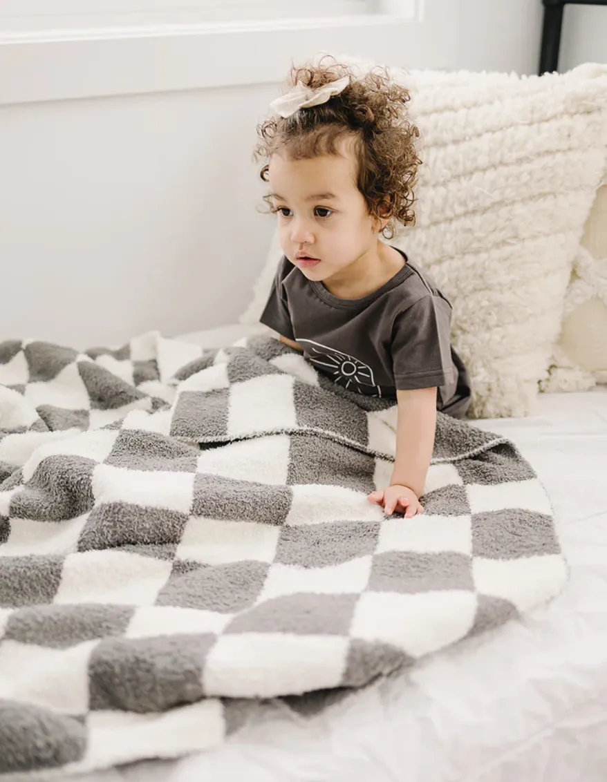 Mebie Baby - Plush Baby Blanket in Charcoal Checkers 30"x40"