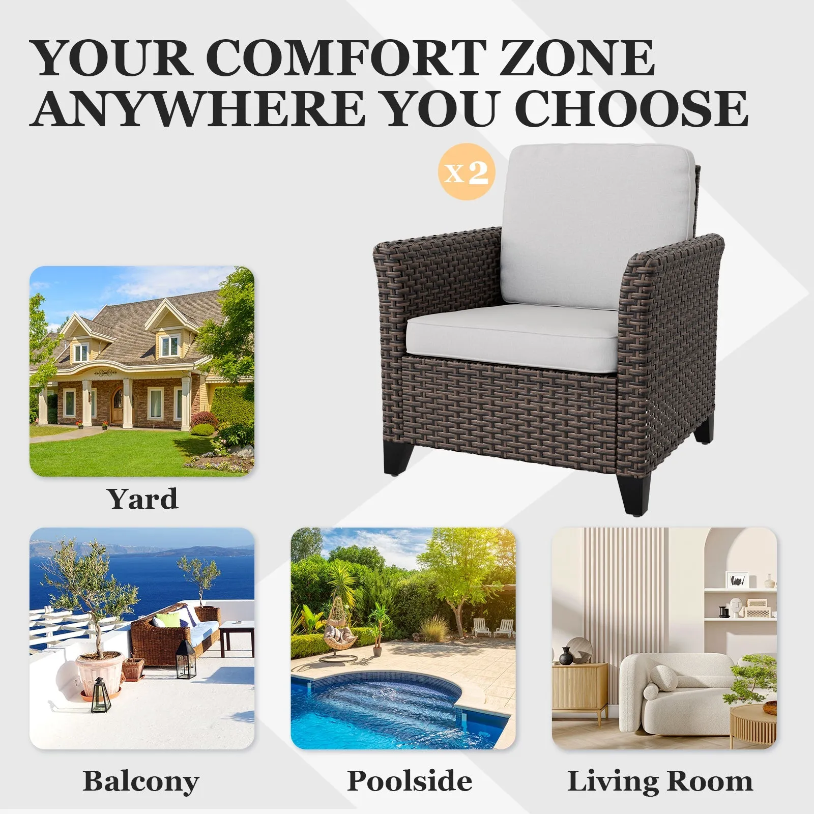 Ocean Vista Outdoor Wicker Patio Chairs Rattan Furniture, Set of 2 Patio Chairs