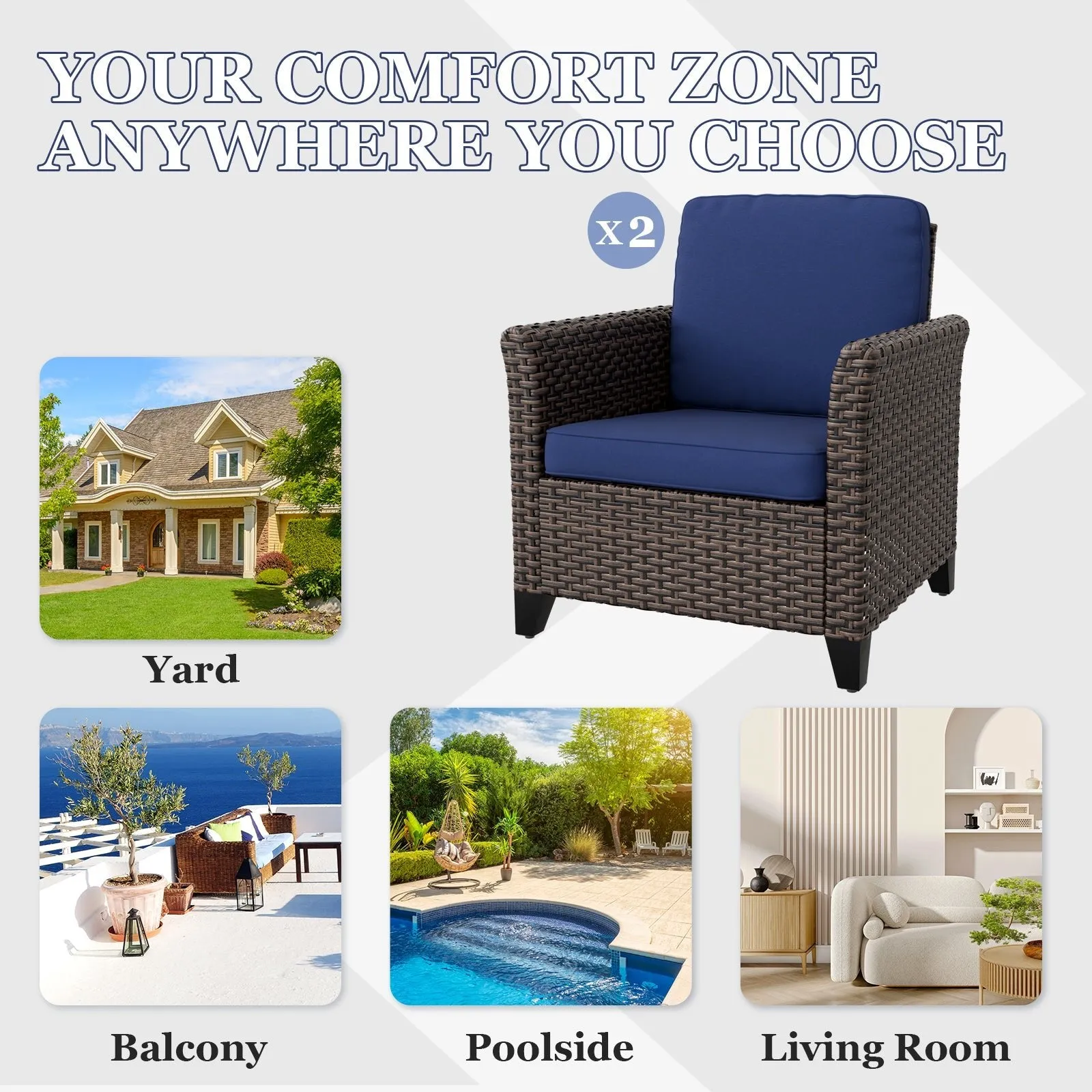 Ocean Vista Outdoor Wicker Patio Chairs Rattan Furniture, Set of 2 Patio Chairs