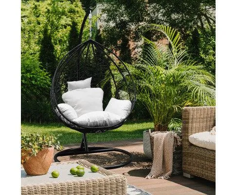 Outdoor Rattan Egg Chair in Black with Cream Cushion